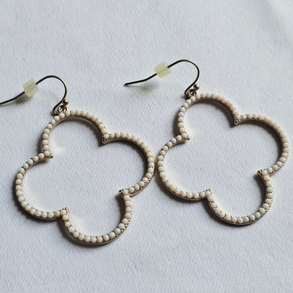 Gold Clover Earrings with White Beaded Trim